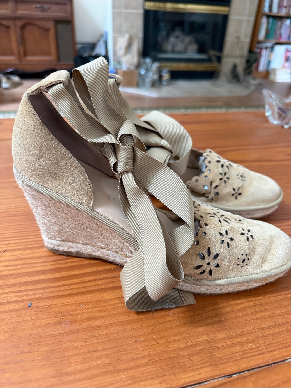 Veronica Beard Beige Suede Espadrille Wedge Sandals with Ankle Tie, size 8.5